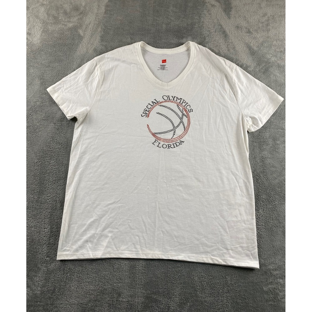 Hanes Special Olympics Florida Rhinestone‎ Basketball V-Neck T-Shirt White XL